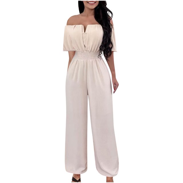 Birdeem Womens One Line Neck Waist Loose Straight Jumpsuit Versatile Pants