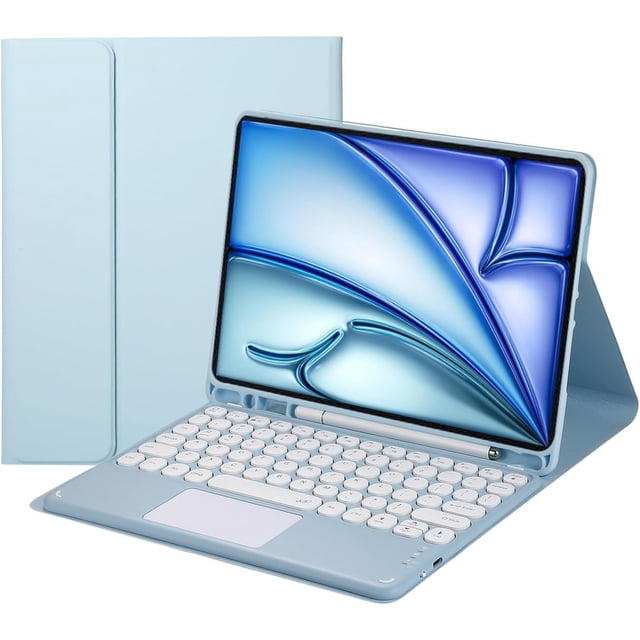 Touch Keyboard Case for iPad Air 6th Generation 11 Inch Case 2024/iPad Air 5th/4th Gen Case 2022/2020 with Pencil Holder, a versatile iPad accessory featuring a magnetically detachable Bluetooth keyboard with touchpad. The case is soft blue, includes a built-in Apple Pencil holder, and has a smooth TPU back cover for multi-angle support.