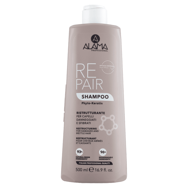 Alama Repair shampoo Gluten FREE 500ml beige bottle with white flip cap, formulated with phyto-keratin to restructure damaged and brittle hair, containing 93% natural-origin and 96% biodegradable ingredients, ideal for gentle cleansing and nourishment, 16.9 fl. oz.