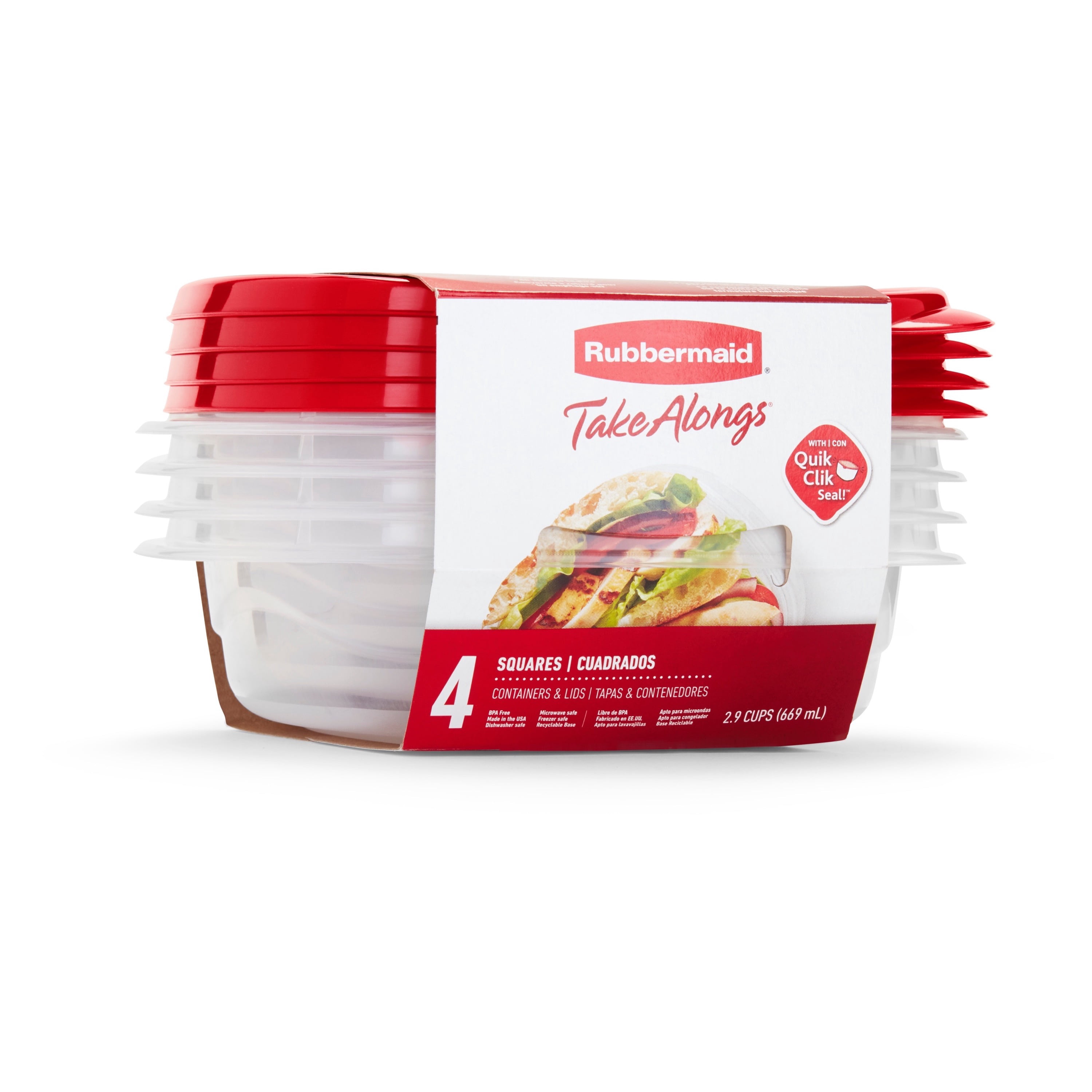 Contenants carrés pour la conservation des aliments Rubbermaid TakeAlongs à emporter, couvercles rouge rubis, 669 ml (2,9 tasses), paquet de 4