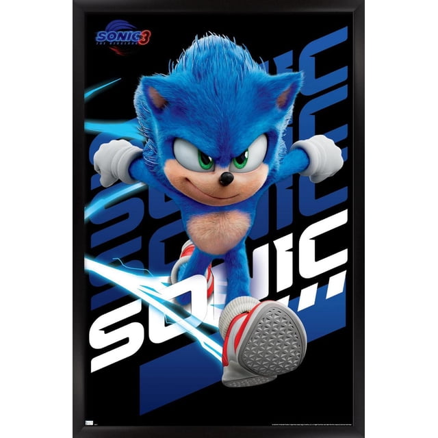 Sonic The Hedgehog 3 - Sonic Wall Poster, 22.375" x 34" showing a front-facing Sonic running with detailed blue fur, white gloves, and red and white shoes. The background has bold blue and white 'SONIC' text with electric blue streaks highlighting speed, printed on glossy poster paper suitable for bedroom or office decor.