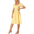 thumbnail image 4 of INSPIRE CHIC Robe Smockée pour Femme à Carreaux Vichy, Encolure Carrée, Manches Courtes, Décontractée, Jaune, P, 4 of 5