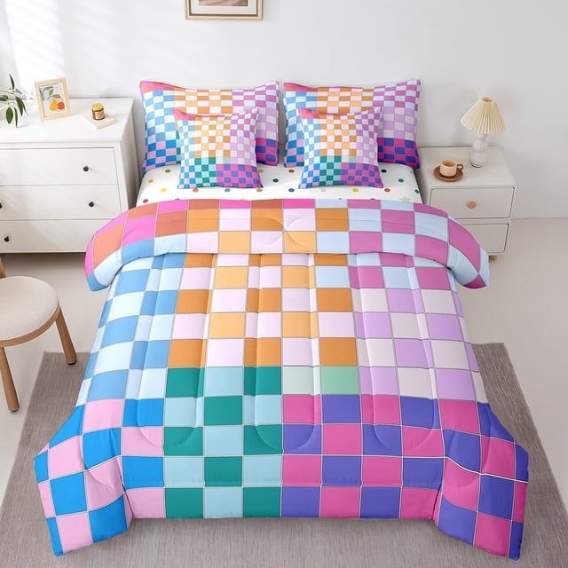 Erosebridal Colorful Checkered Full Comforter Set With Sheets 7 Pcs Rainbow Checkerboard Grid Bedding Set Blue Pink Purple Plaid Bed In A Bag For Kids Boys Girls,Geometric Groovy Aesthetic Bed Set