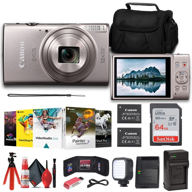 Canon PowerShot IXUS 285 HS Appareil Photo Numérique Zoom 12x Argent Ensemble Trousse 64 Go (Modèle International)