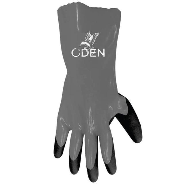 Chemblok Gant Résistant aux Produits Chimiques en Gris Foncé avec Bouts des Doigts Noirs, Mettant en Vedette le logo Oden avec un Graphique d'Oiseau au Dos, Conçu pour une protection Chimique durable et une Prise Sécuritaire dans les Environnements de Travail Dangereux.