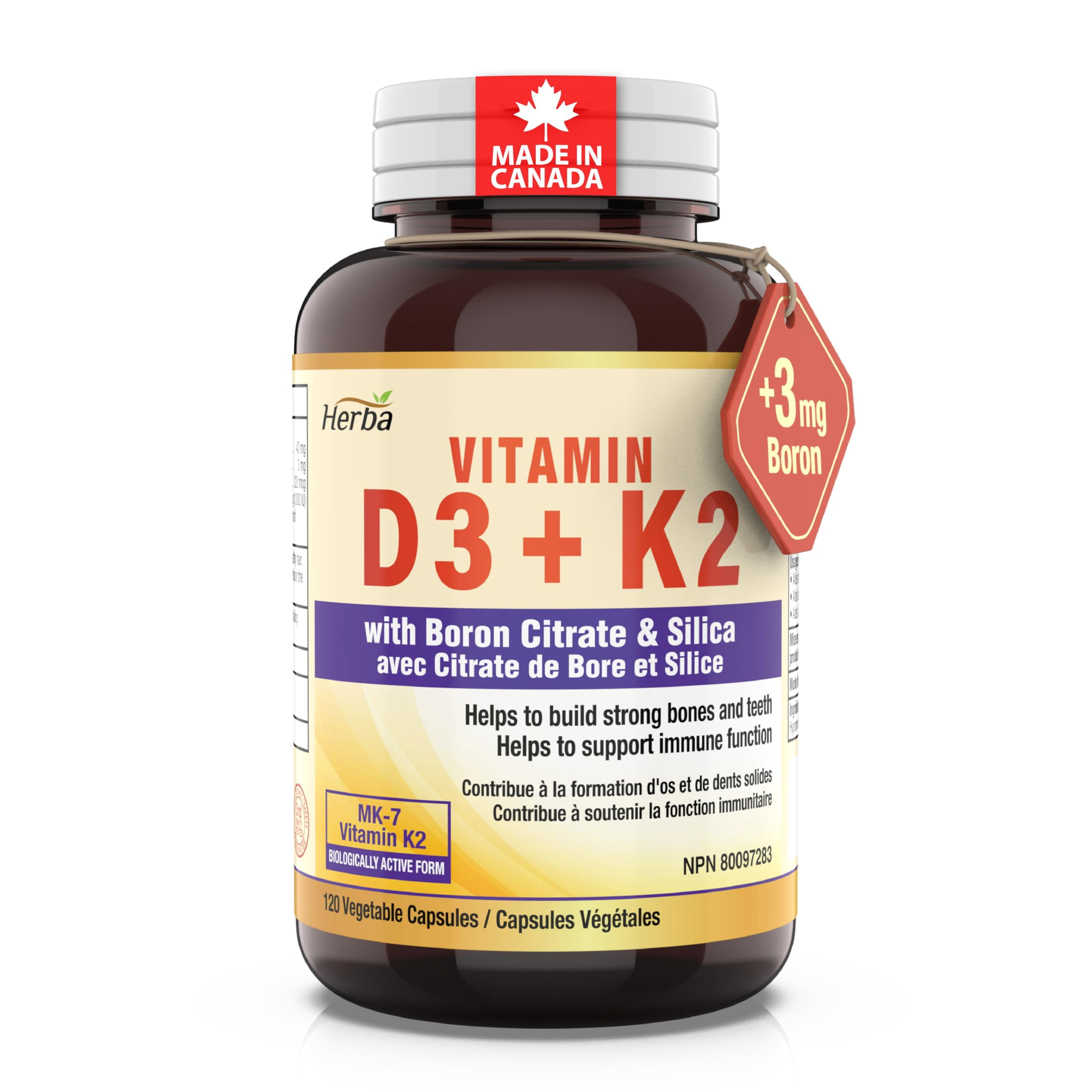Herba K2 D3 Vitamin Supplement with 3MG Boron Citrate and Silica – 120 Capsules | Vitamin K2 MK-7 and Vitamin D3 1000 IU | Made in Canada