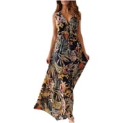 Pisexur Womens Summer Dresses Hawaiian Floral Print Bohemian Dresses Fashion V Neck Sleeveless Halter Sundress Adjustable Waistband Tunic Maxi Dresses for Women Vintage Flowy Casual Beach Dress