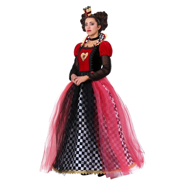 Déguisement d'Halloween Grand Format Ravissant Queen of Hearts Comprenant une Robe Longueur au Sol avec une Jupe à Cerceau à Carreaux, des Superposition en tulle Rouge et Noir, et un Décalque Cœur en Feuille d'Or sur le Corsage. Comprend un Col Montant, des Manches Bouffantes, un Ras-du-Cou en Velours et une Couronne en Dentelle Attachée à un Bandeau.