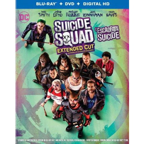 Suicide Squad (Coupe Prolongée) Couverture Blu-ray + DVD + HD Numérique Mettant en Vedette Neuf Personnages Déguisés Arrangés en Cercle sur un Fond de Style Graffiti Coloré avec le Titre en Texte Blanc et Jaune Gras, Incluant des versions Prolongée et Cinéma dans Cette Édition Bilingue.
