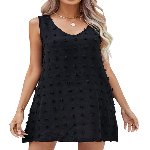 Femmes Casual en Vrac Fluide Mini Robe V Cou Sans Manches Suisse Point Volants de Plage Robes Courtes avec Poches Bleu XL