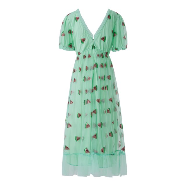 Opperiaya Robe de Soirée pour Femmes Manches Courtes Col en V Nouée devant Taille Haute Sequins de Fruits Ourlet en Tulle Robe de Princesse pour Bal Cocktail