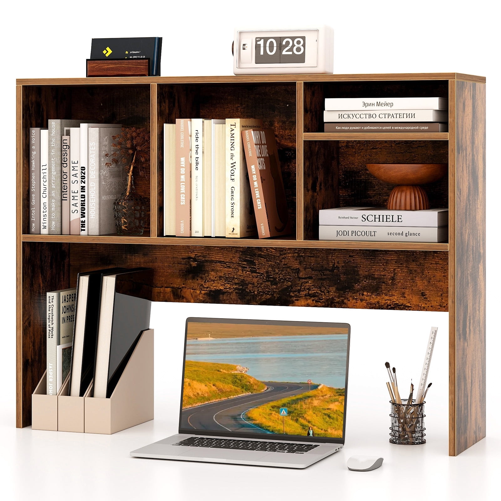 Costway Computer Desktop Bookcase Countertop Storage Bookshelf Organizer with 4 Cubbies Coffee