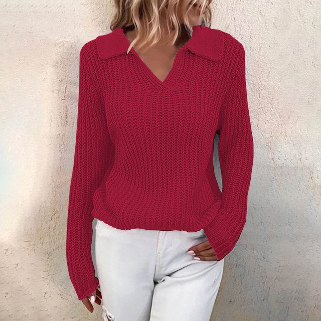 Qertyioot Chandails à Col en V pour Femmes Mode Automne Hiver Manches Longues Chandail Décontracté Hauts