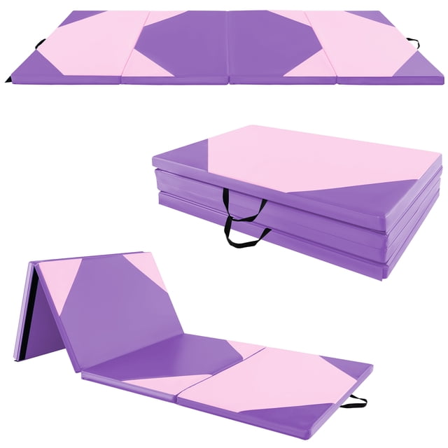 Gymax 10' x 4' x 2'' 4-Panel Folding Gymnastics Exercise Mat w/ Loop Fasteners Purple & Pink