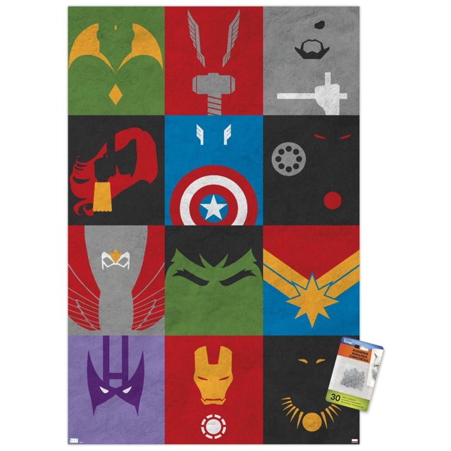 Marvel Comics - Avengers - Affiche Murale Minimaliste à Grille avec Punaises, 22,375 Pouces x 34 Pouces, Présentant une Grille 4x4 d'Icônes Minimalistes Représentant des Personnages Avengers Tels Que le Casque Vert de Loki, le Marteau de Thor sur Rouge, le Masque d'Iron Man avec arc reactor, le Bouclier de Captain America sur Bleu, le Visage Vert de Hulk et le Masque et le Collier de Black Panther sur Noir, Imprimée sur Papier Texturé Lustré avec Punaises Transparentes Incl