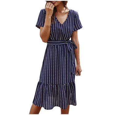 TJAZFJPA Robes de Soirée pour Femmes Femmes Robe à Rayures Imprimée Longueur Genou Robe Aguichant Robe à Manches Courtes Robe à Col en V Robe Décontractée pour Femmes Robe de Maternité Grande Taille