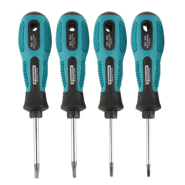 Domqga Triangle Screwdriver Set, a 4-piece precision hand tool set featuring magnetic triangle screwdrivers. Made of chrome-vanadium steel with ergonomic anti-slip PP handles in a teal and black design. Includes sizes 1.8 x 50mm, 2 x 50mm, 2.3 x 50mm, and 3 x 50mm, with handle lengths of approximately 80mm. Ideal for home improvement and tool accessories.