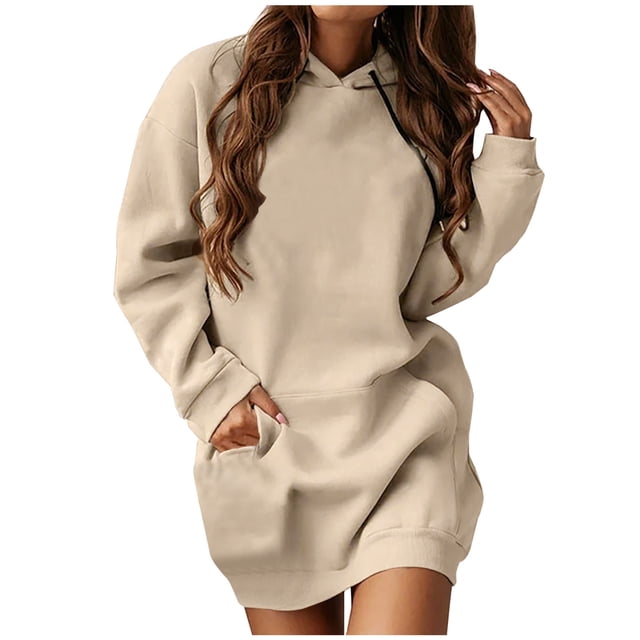 BADHUB Robe à Capuche Surdimensionnée à Manches Longues pour Femmes, Robe Chandail à Capuche Couleur Unie Tunique Décontractée avec Poches Offres Prime Day Kaki P
