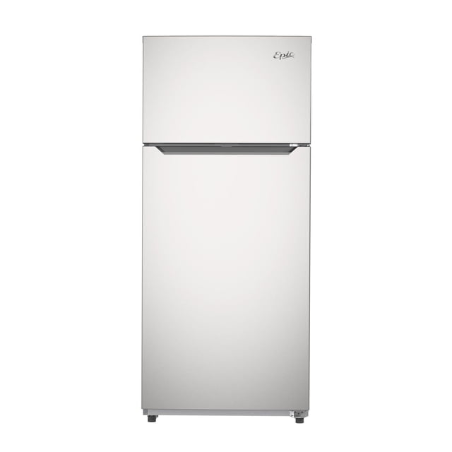 Epic 20.2 cu.ft. stainless steel frost free refrigerator with top freezer, reversible door hinges, Multi-Air-Flow frost-free operation, and bright LED interior light, designed for efficient food storage in modern kitchens.
