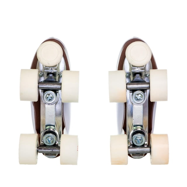 Chicago Skates Women's Deluxe Leather Lined Rink Skate shown from the bottom, featuring brown leather-lined boots with silver aluminum chassis, white adjustable toe stops, smooth urethane wheels, and precision bearings suitable for rink and social skating.