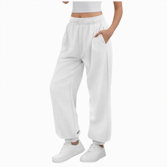 JUMEYU Track Pants Women Long Wide Leg Pants Woman Yoga Pants with Pockets Stretch Loose Casual Lounge Sweatpants (White,XL)