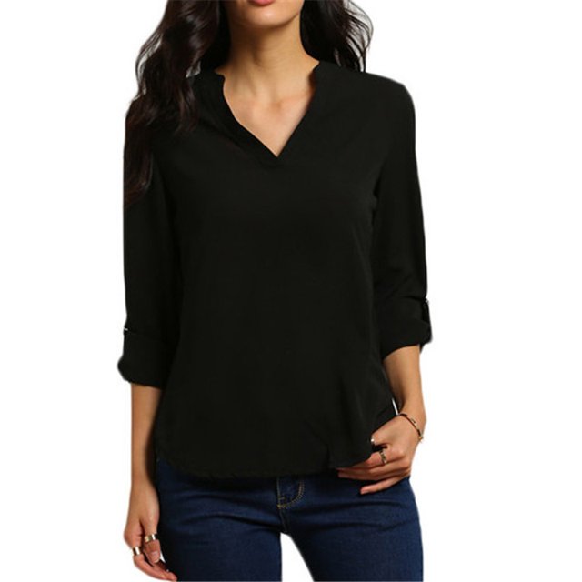 Blouse en Chiffon Unie à Col en V pour Femmes, Mode Aguichant, Manches Longues