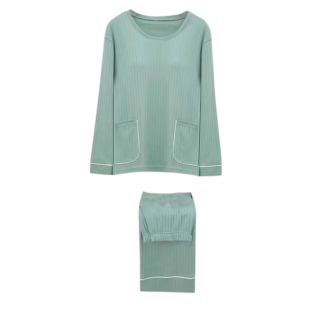 Besolor Pyjama Décontracté pour Femmes, Ensemble 2 Pcs, Haut à Col Ras du Cou Doux à Manches Longues et Pantalon, Tenue de Nuit Pjs avec Coussinet