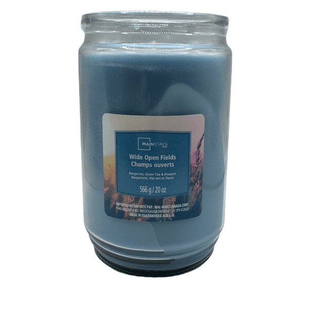 MAINSTAYS PL Wide Open Fields Scented Single-Wick Glass Jar Candle, 20 oz, with blue wax in a clear glass jar labeled with bergamot, green tea, and blossom scent, ideal for home décor and creating a relaxing atmosphere.
