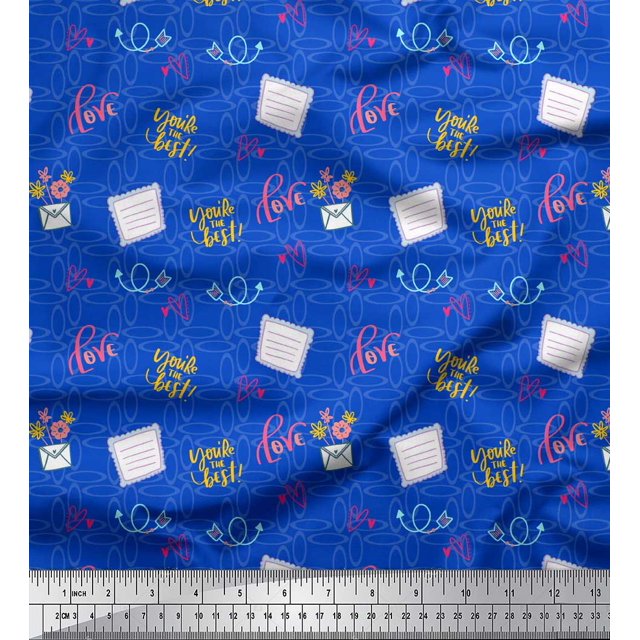 Soimoi Blue Moss Georgette Fabric Heart & Love Text Printed Fabric 1 Yard 42 Inch Wide