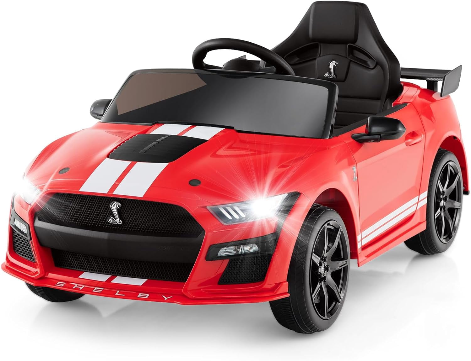 Licensed Ford Mustang GT500 Ride on Car for Kids by OLAKIDS, Battery Powered Electric Vehicle with Remote Control, Headlight, Power Display, USB, Music, Radio, Aged 3-8
