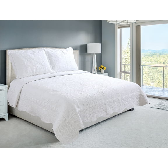 Marina Decoration Embroidered Stitching Coverlet Bedspread Ultra Soft Solid Bedding Summer Quilt Set with Quilted Sham, White Floral Paisley Pattern