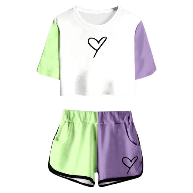 Hiiyo Ensembles pour Grandes Filles, Haut à Manches Courtes à Blocs de Couleur et Short, Ensembles de Vêtements pour Enfants