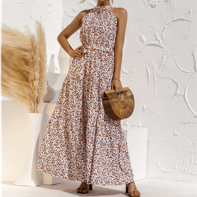 HKEJIAOI Robe Fleurie pour Femmes Rabais Liquidation Robes Décontractées Femmes Mode Été Dos Nu Sans Manches Imprimé Aguichant Décontractée à Bretelles Longue Robe Blanc