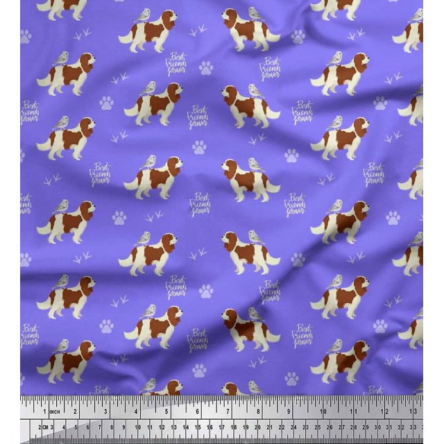 Soimoi Purple polyester Crepe Fabric Bird,Paw & Cocker Spaniel Dog Print Fabric by Yard 42 Inch Wide