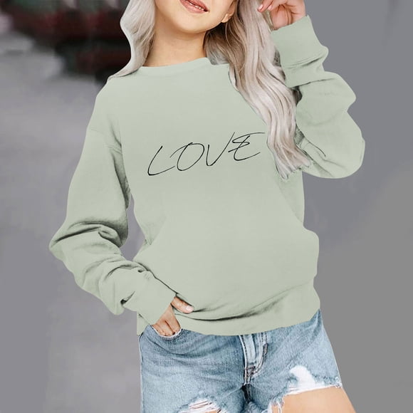 Milgrthf Girls Valentines Shirt Cute Long Sleeve Heart Graphic Tees Tops Loose Soft Teens Valentines Clothes 2-9 Years Green 3 Years