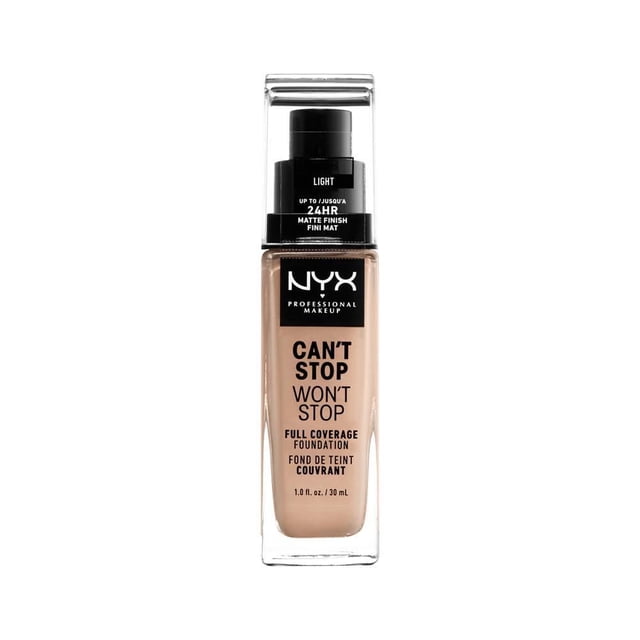 Full Coverage Foundation Can't Stop Won't Stop, 30 mL by NYX Professional Makeup in light shade, a shockingly lightweight, waterproof liquid foundation with matte finish in a clear rectangular pump bottle, offering full coverage and up to 24-hour wear, suitable for normal to sensitive skin types and controlling shine.