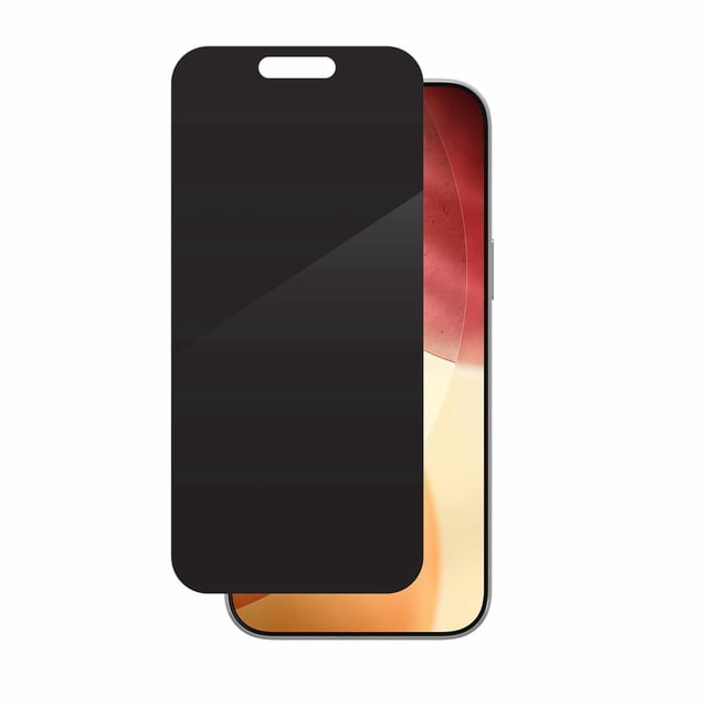 ZAGG Invisibleshield Glass Elite 2-Way Privacy Screen Protector for iPhone 17 Pro Max shown front-facing with the privacy filter active, displaying a darkened screen that blocks side views, made of ultra-strong tempered glass with ClearPrint™ treatment to reduce fingerprints, partially covering an iPhone 17 Pro Max with a red and beige abstract wallpaper, ideal for protecting screen privacy and minimizing smudges.