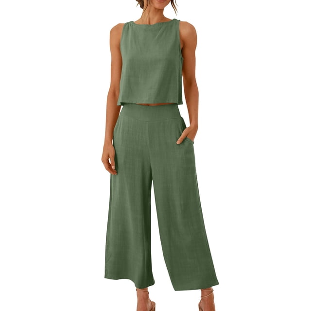 zanvin Camisole pour Femmes, Ensemble Estival 2 Pcs Mode Femme Col Rond Uni Sans Manches Blouse + Pantalon Ample à Poches
