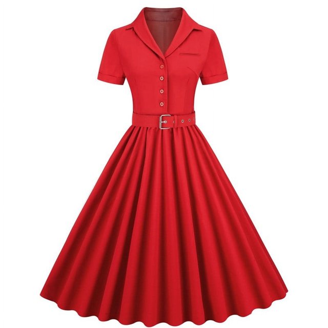 AherBiu Robe Vintage pour Femmes des Années 1950 à Boutons, Col à Revers, Col en V, Manches Courtes, Chemise Plissée, Robe Midi de Soirée