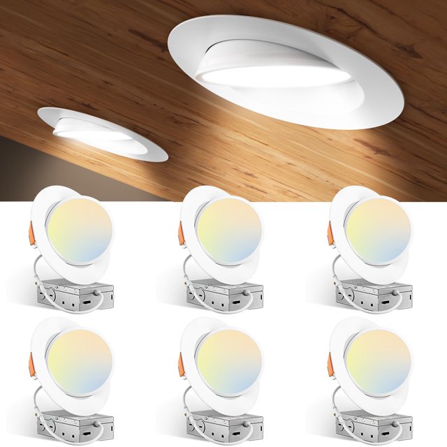 Amico Lot de 6 Luminaires Encastrés à DEL de 6 Pouces avec Cardan 5CCT, Lumière Orientale Réglable à 360°&90° vers le Bas, à Intensité Réglable, 2700K/3000K/3500K/4000K/5