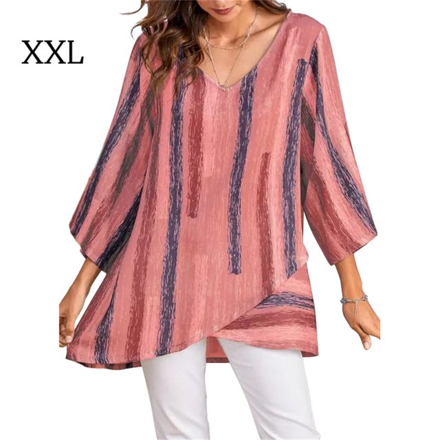 T-shirt pour Femmes à Manches Longues, Blouse Ample, Haut à Rayures pour Femmes, Automne, Col en V, Haut à Rayures, Rouge, TTG