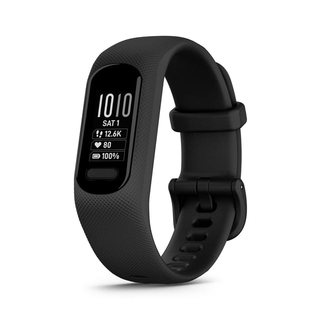 Garmin vívosmart® 5 Fitness Tracker Grand en Noir avec Bracelet en silicone Texturé et Écran Tactile Affichant l'Heure, la date, le Nombre de Pas, la Fréquence Cardiaque et le Niveau de Batterie, Conçu pour la Surveillance de la Santé et des Activités Toute la Journée avec jusqu'à 7 Jours d'Autonomie.