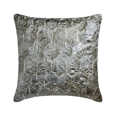 The HomeCentric Decorative Blue & Silver 22"x22" (55x55 cm) Throw Pillows, Jacquard Foil, Textured,Geometric Pattern & Beaded Throw Pillows For Couch, Geometric Pattern Modern Style - Burnished Silver