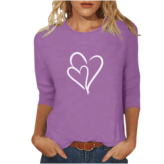 Plebaso Hauts Cœur pour Femmes Manches 3/4 Col Rond T-Shirts Décontractés Imprimé Chandail Femmes 2025 Tee Blouses