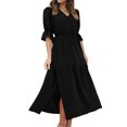 thumbnail image 1 of Robe Maxi avec Manches Mode Femme Demi-Manche Col en V Ample Robe Unie à la Cheville Robe Longue Fendue Robe à Manches Courtes en Liquidation, 1 of 7