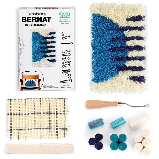 Bernat® Latch It™ Boho Collection Acrylic Yarn Kit with latch hook tool, 12 by 20 inch blue, cream, and navy latch hook pillow cover, canvas grid, fabric strip, and yarn bundles, ideal for beginner-friendly knitting and crochet projects.