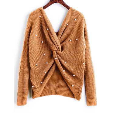 Dvkptbk Chandails pour Femmes Chandails pour Femmes et Tricot d'Hiver Col en V Chandail à Enfiler Perle Mi-Long Chandail Ample Vêtements en Liquidation