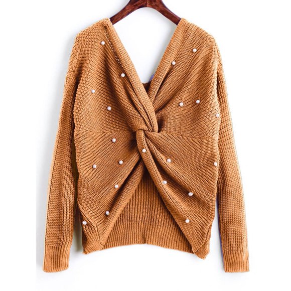 Chandails en Tricot pour Femmes Automne Tricot d'Hiver pour Femmes Col en V Chandail Perlé Mi-Long Ample Chandail Doux pour Femmes 2024 S-170 Kaki m