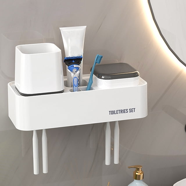 Toothbrush Holder for Bathroom Wall Mounted with Toothbrush Cup | Adhesive Toothbrush Toothpaste Organizer for Tiles Glass Metal | Bathroom Accessories for Toothbrush and Toothpaste Storage