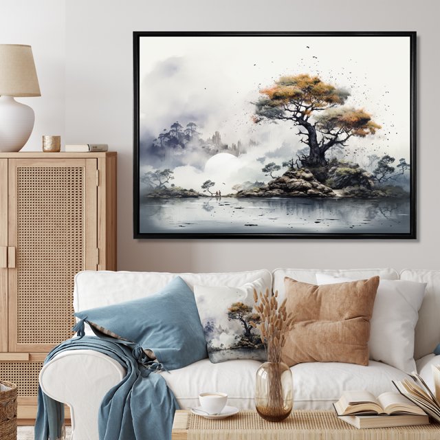 Designart Trees Oversized framed wall art decor, Tree black framed wall art, Grey Tree Ink euphony , Grey Traditional black framed wall art, 44x34 inches black frame
